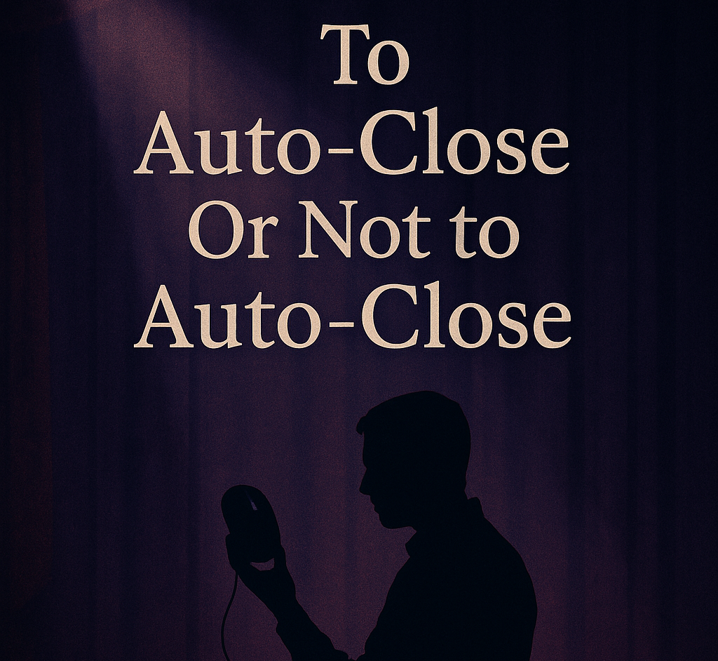 A dramatic, Hamlet-inspired poster with the phrase “To Auto-Close or Not to Auto-Close” and a silhouetted figure holding a computer mouse under a spotlight, symbolizing the dilemma of auto-closing IT service tickets.